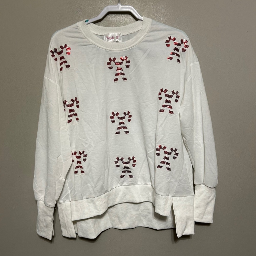 Top it off Sweater White Candy Cane Sequin Christmas Sweatshirt M/L NEW Festive